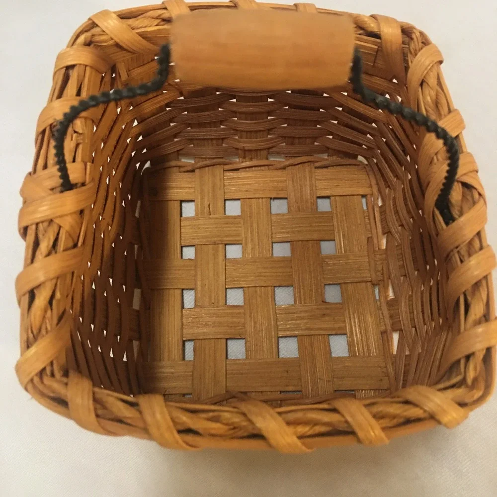Miniature Woven Splint Basket Small Brown Rustic Wire Handle Decor Storage Boho